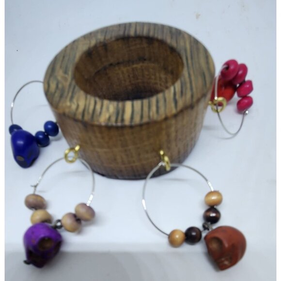 Skull Colorful Wine Glass Charms Set - 6 Themed Unique Charms With Beads & Wood - Picture 7 of 13
